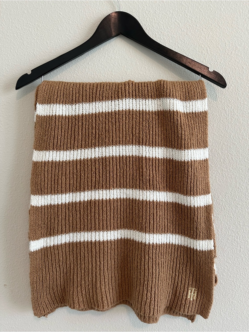 Tommy Hilfiger Brown and White Striped Knit Scarf